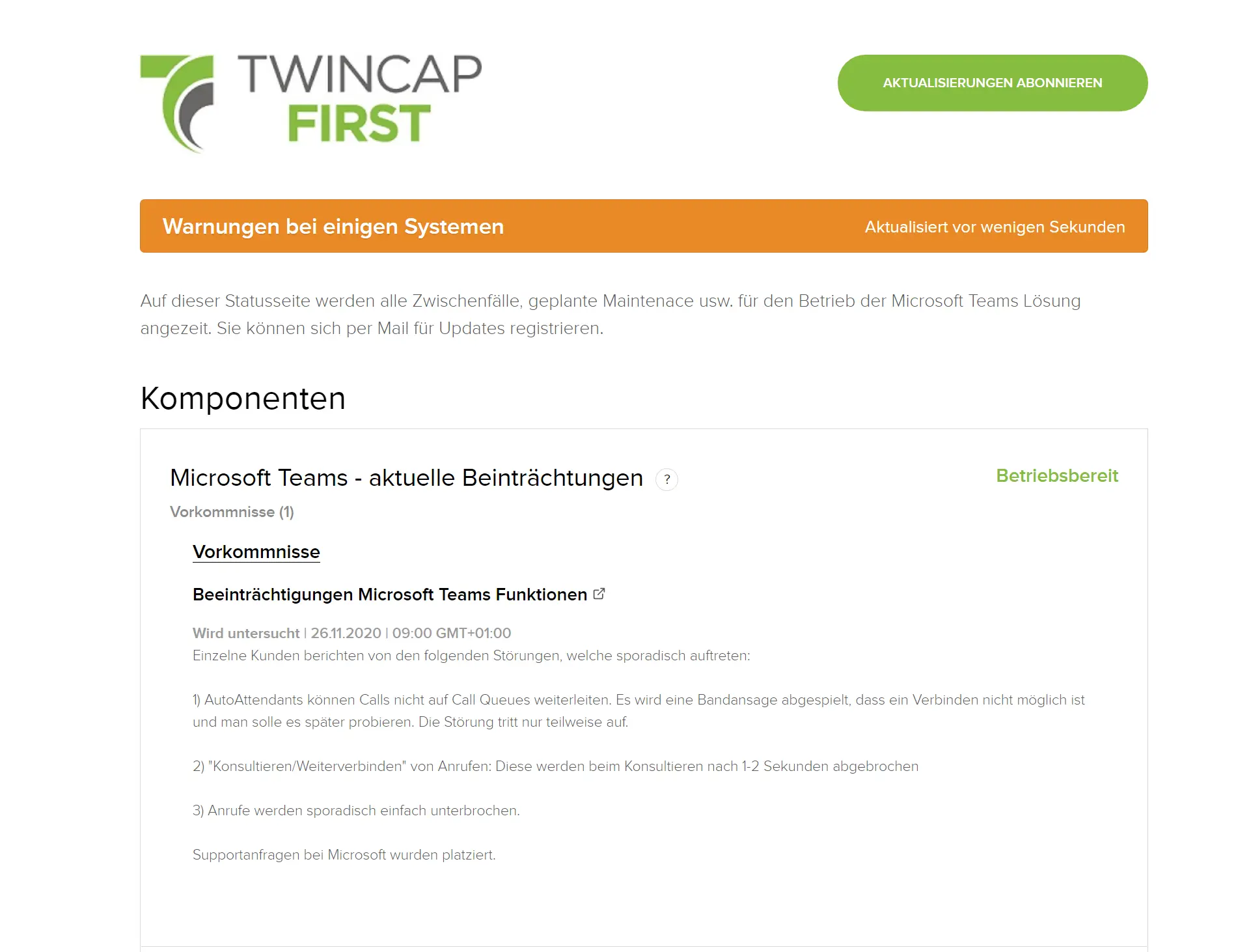 TwinCap First System-Status Seite