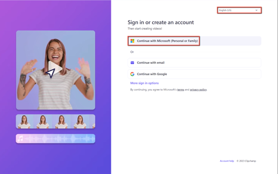 clipChamp Anmeldung screenshot
