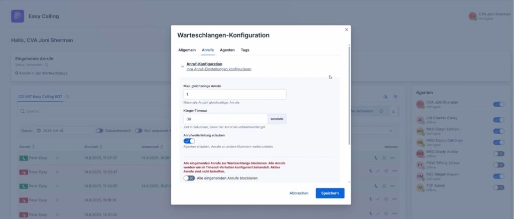 Einfache Konfiguration in Easy Calling für Admins und Teamleiter