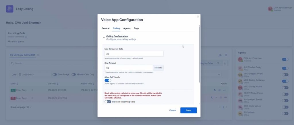 Simple configuration in Easy Calling for administrators and team leaders