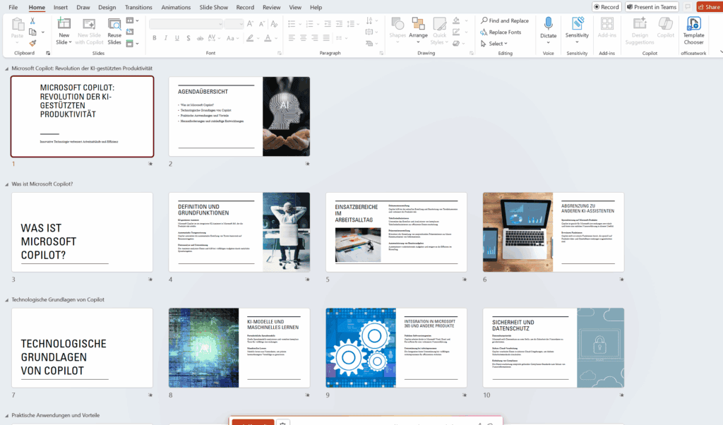 Erste Version der Präsentation mit Microsoft Copilot