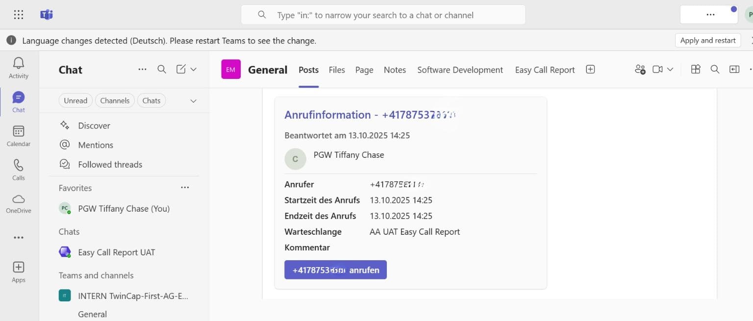 Die adaptive Cards in Easy Call Report zeigen Details der verpassten und angenommenen Anrufe
