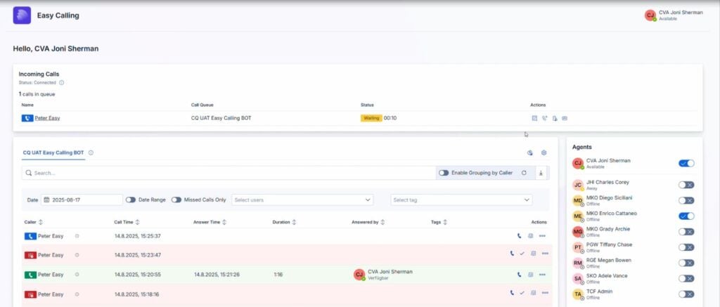 Dashboard mit Live-Überwachung in Easy Calling