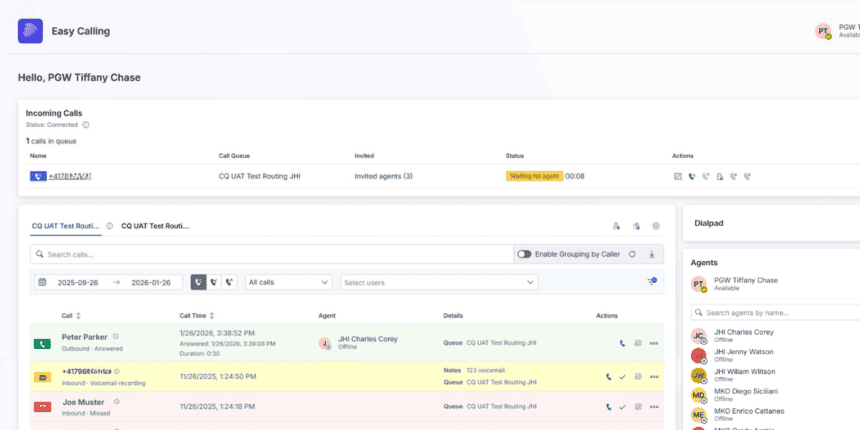 Real-time monitoring in Easy Calling, live overview of all incoming, missed, and answered calls, including voicemails