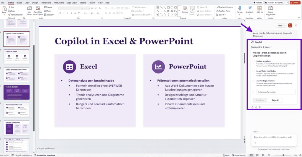 Screenshot der Microsoft PowerPoint-Benutzeroberfläche mit geöffnetem Microsoft Copilot-Chatfenster bei der autonomen Bearbeitung einer Folie.
