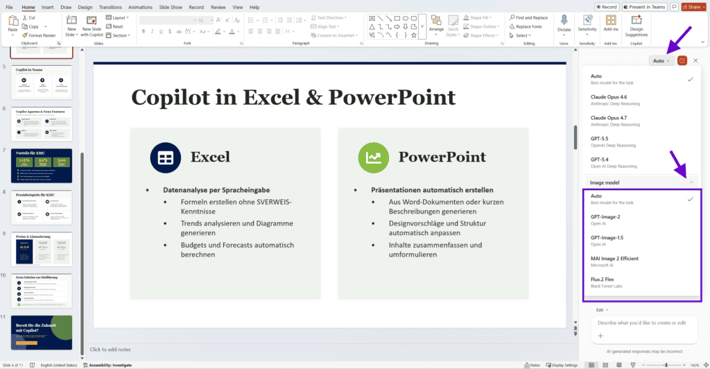 Close-up of the Microsoft Copilot selection menu in PowerPoint for various AI image generation models.