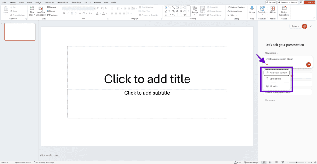 Screenshot of a blank Microsoft PowerPoint slide with the Microsoft Copilot sidebar open and the options for automatic slide generation.